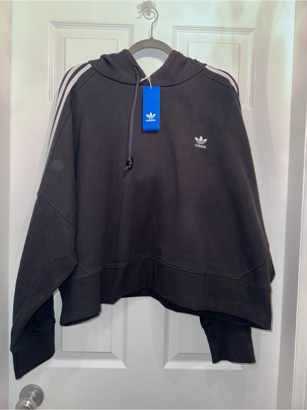 Adidas Black Cropped Hoodie with White Shoulder Stripes